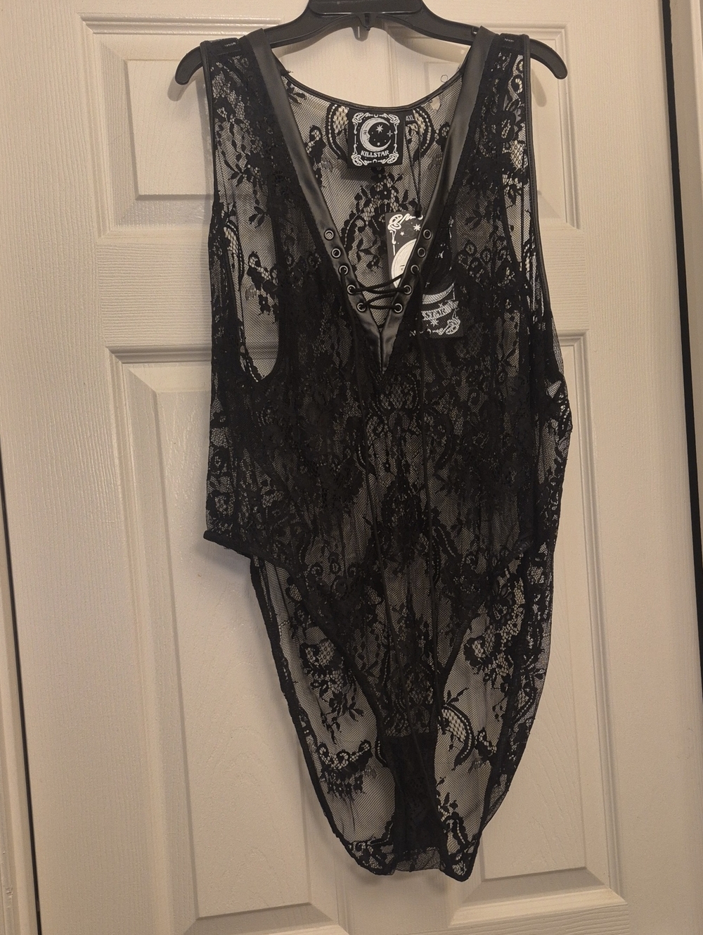 Killstar Black Lace Bodysuit with Faux-Leather Trim